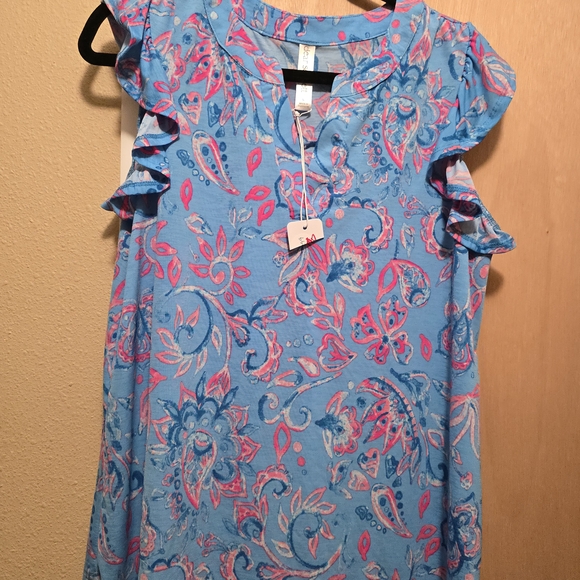 Dear Scarlett Tops - Floral Ruffle Sleeve Blouse - Blue and Pink